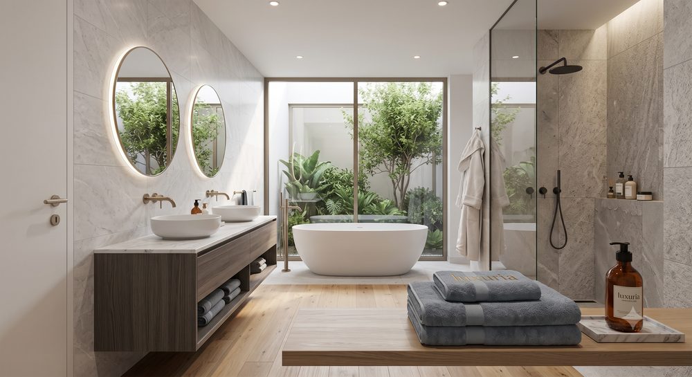 Modernes Badezimmer mit freistehender Badewanne